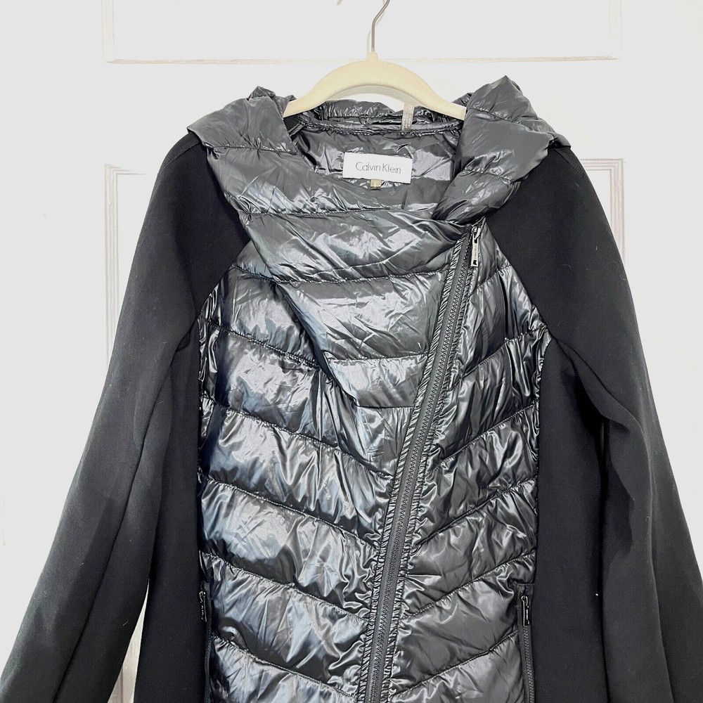 Calvin Klein Down Jacket Women Large Stretch Feather Panels Hooded Winter Parka - Picture 4 of 15